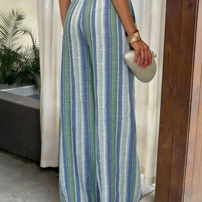 Women's High Waist Striped Cotton And Linen Trousers Casual Beach Vacation