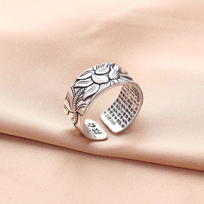 Lotus Hannya Shingyo S999 Sterling Silver Ring Antique Style