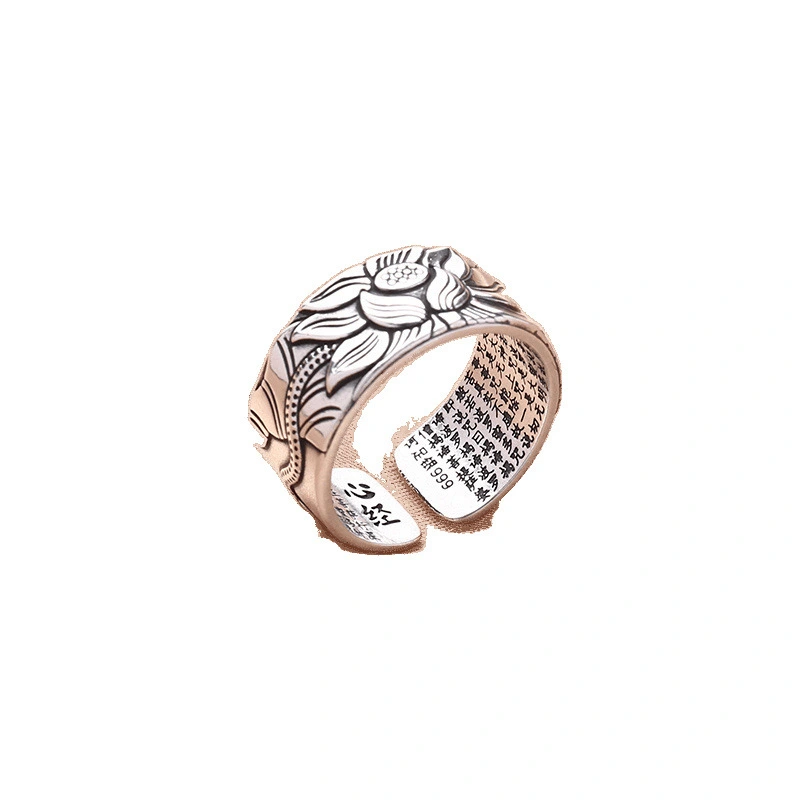 Lotus Hannya Shingyo S999 Sterling Silver Ring Antique Style