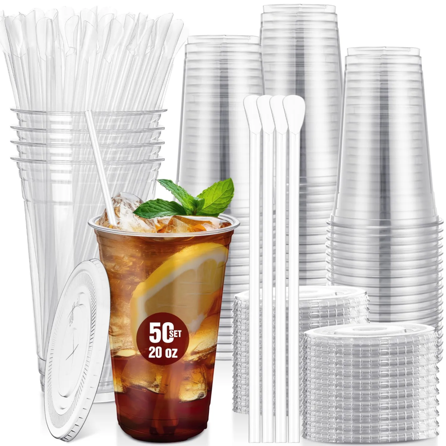 Eaasty 50 Set 20 oz Clear Plastic Cups with Spoon Straws and Flat Lids Disposable Iced Coffee Dessert Yogurt Cups for Party Cold Beverages Smoothies Drinks Stand Juice Milkshakes