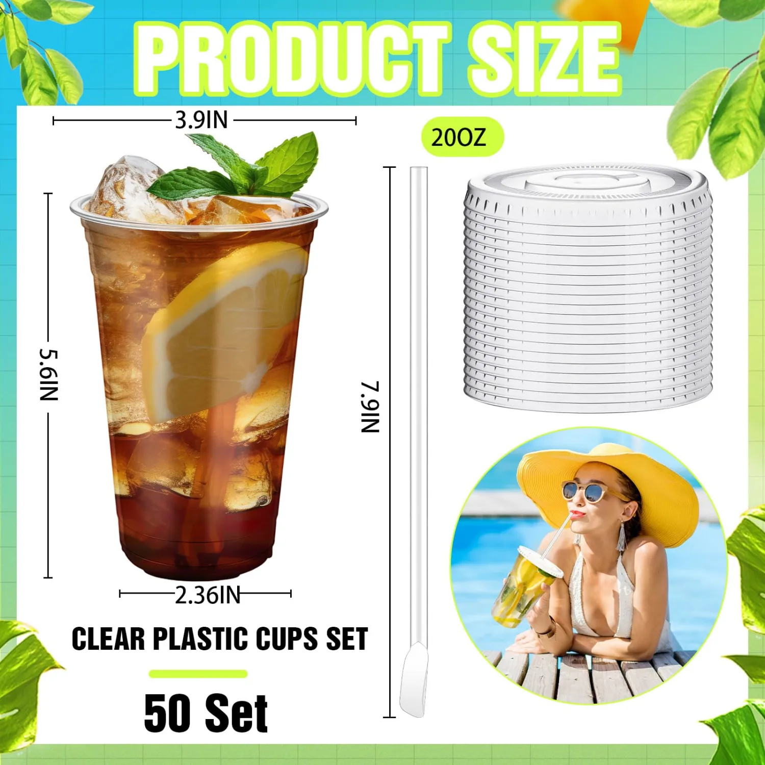 Eaasty 50 Set 20 oz Clear Plastic Cups with Spoon Straws and Flat Lids Disposable Iced Coffee Dessert Yogurt Cups for Party Cold Beverages Smoothies Drinks Stand Juice Milkshakes