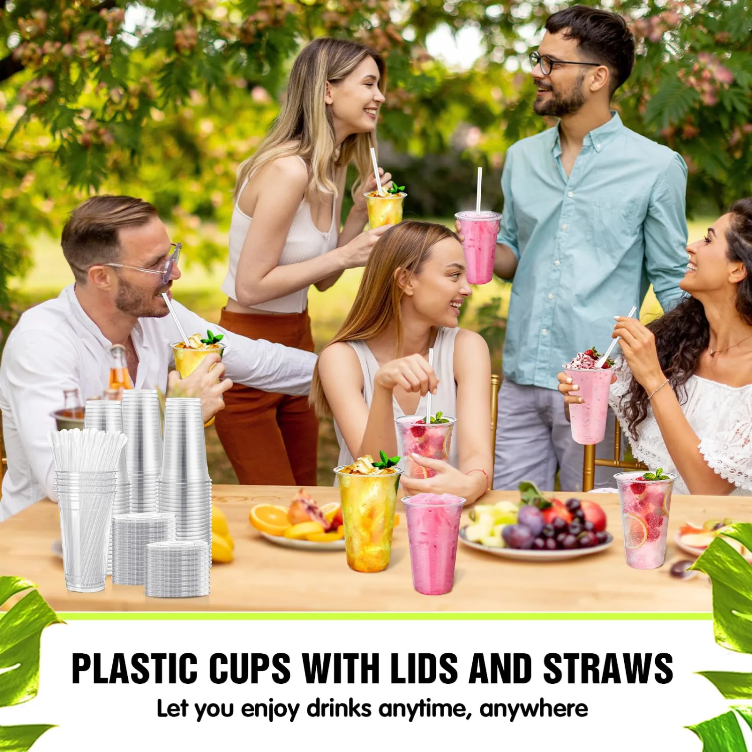 Eaasty 50 Set 20 oz Clear Plastic Cups with Spoon Straws and Flat Lids Disposable Iced Coffee Dessert Yogurt Cups for Party Cold Beverages Smoothies Drinks Stand Juice Milkshakes