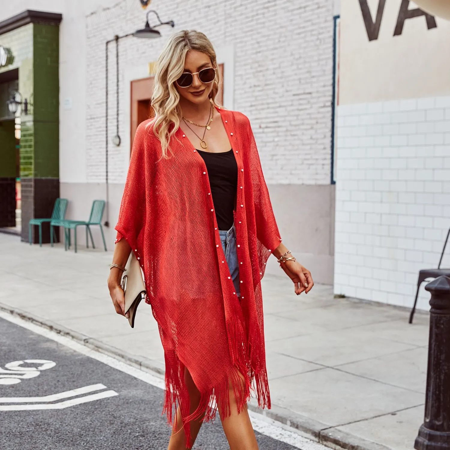 Nail Pearl Beach Shawl Cardigan Mid-length