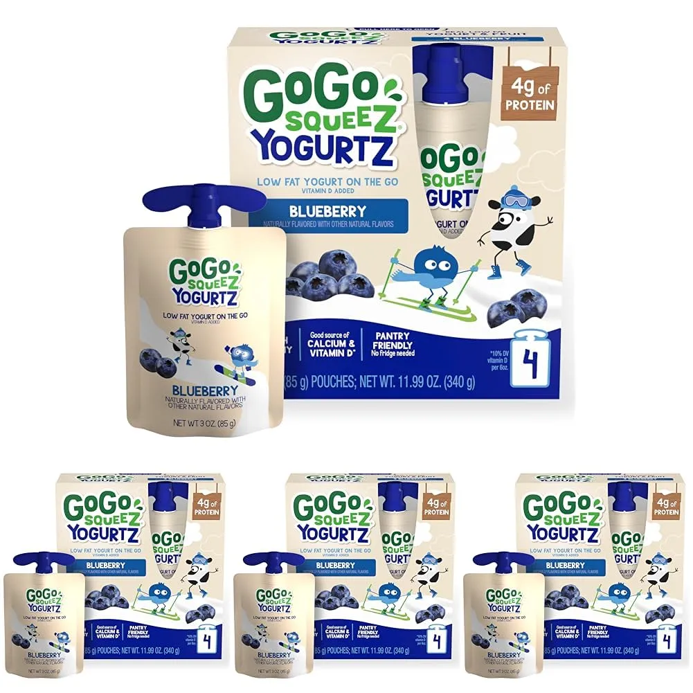 GoGo squeeZ yogurtZ Blueberry, 3 oz. (4 Pouches) - Kids Snacks Made from Real Yogurt Fruit - Pantry Friendly Snack, No Fridge Needed - No Preservatives - Kosher Certified - Gluten Free Snacks for Kids