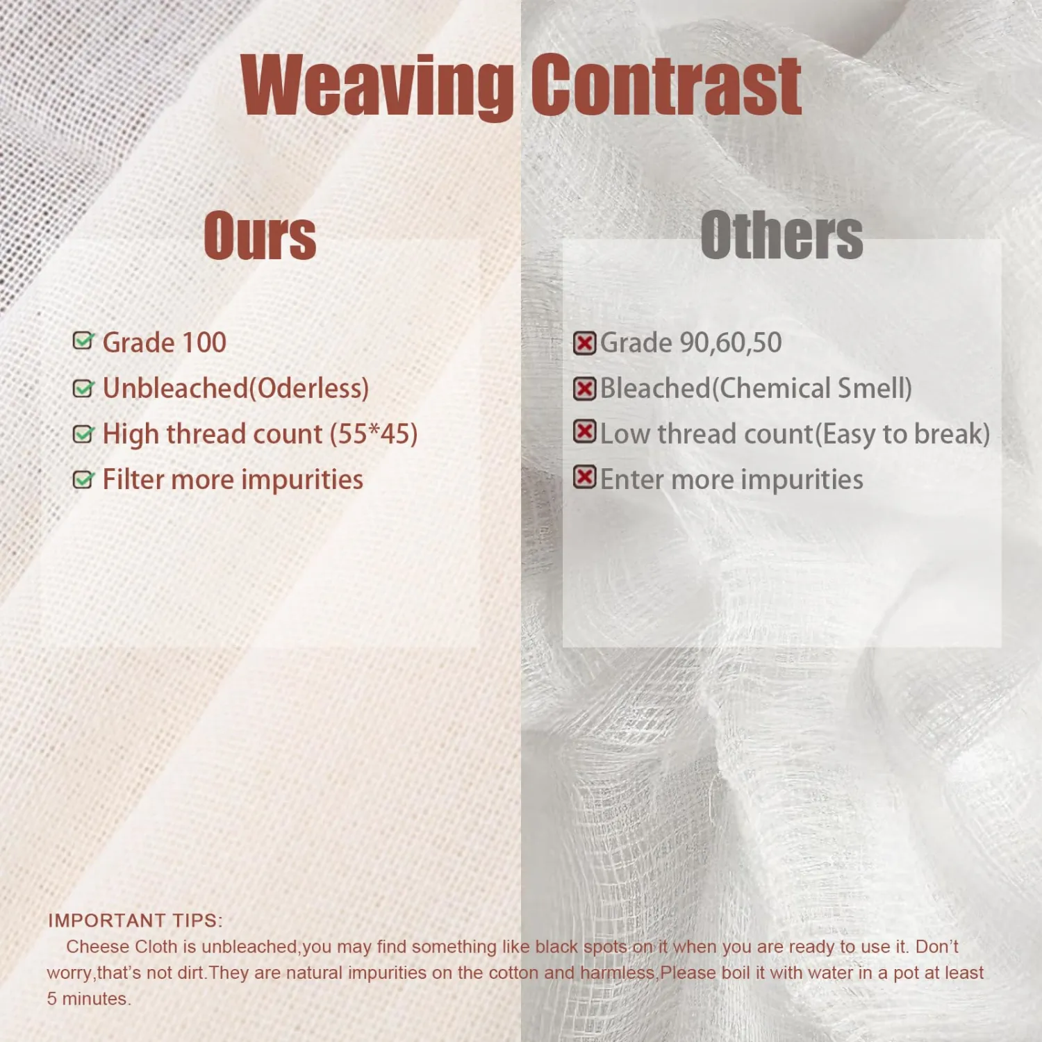 5Pcs Reusable Cheesecloth Set, Grade 100, (15x15Inch x2 + 20x20Inch x2 + 36x36Inch), 100% Unbleached Cotton, Ultra Fine Mesh for Cooking, Straining, Crafts - Nut Milk, Yogurt, Baking, Hemmed Edges