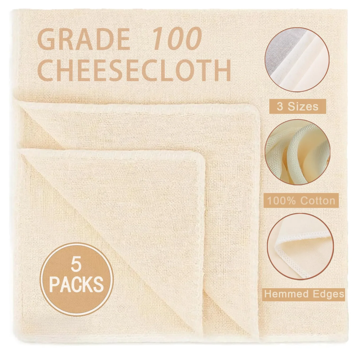 5Pcs Reusable Cheesecloth Set, Grade 100, (15x15Inch x2 + 20x20Inch x2 + 36x36Inch), 100% Unbleached Cotton, Ultra Fine Mesh for Cooking, Straining, Crafts - Nut Milk, Yogurt, Baking, Hemmed Edges