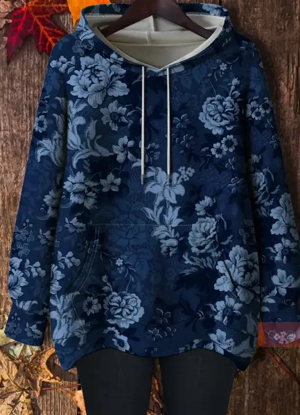 Plus Size Women'S Casual Floral Print Hoodie