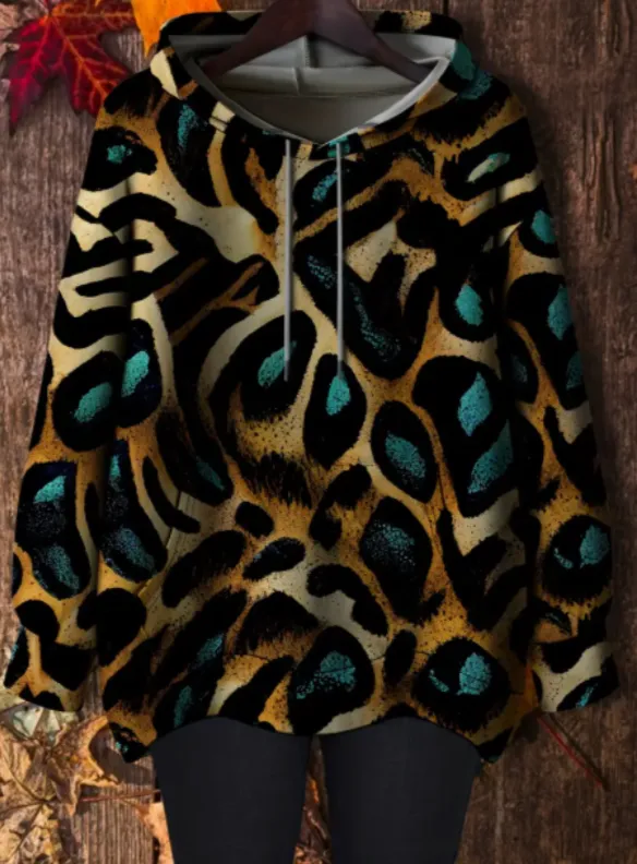Plus Size Women'S Casual Floral Print Hoodie