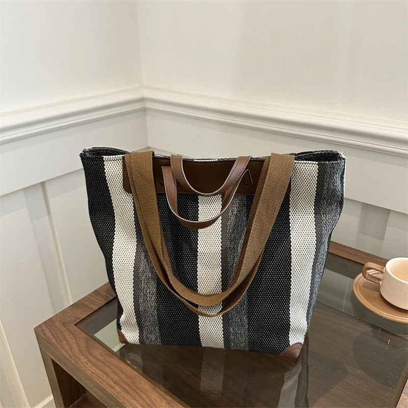 Women's Contrast Color Striped Canvas Handbag
