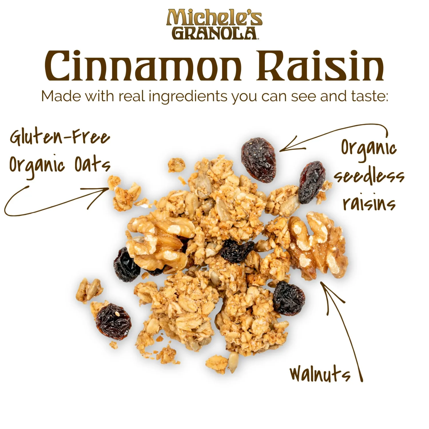 Michele's Granola - Cinnamon Raisin - Handmade Non-GMO Whole Grain Oats - Free of Gluten, Soy, Wheat, & Dairy