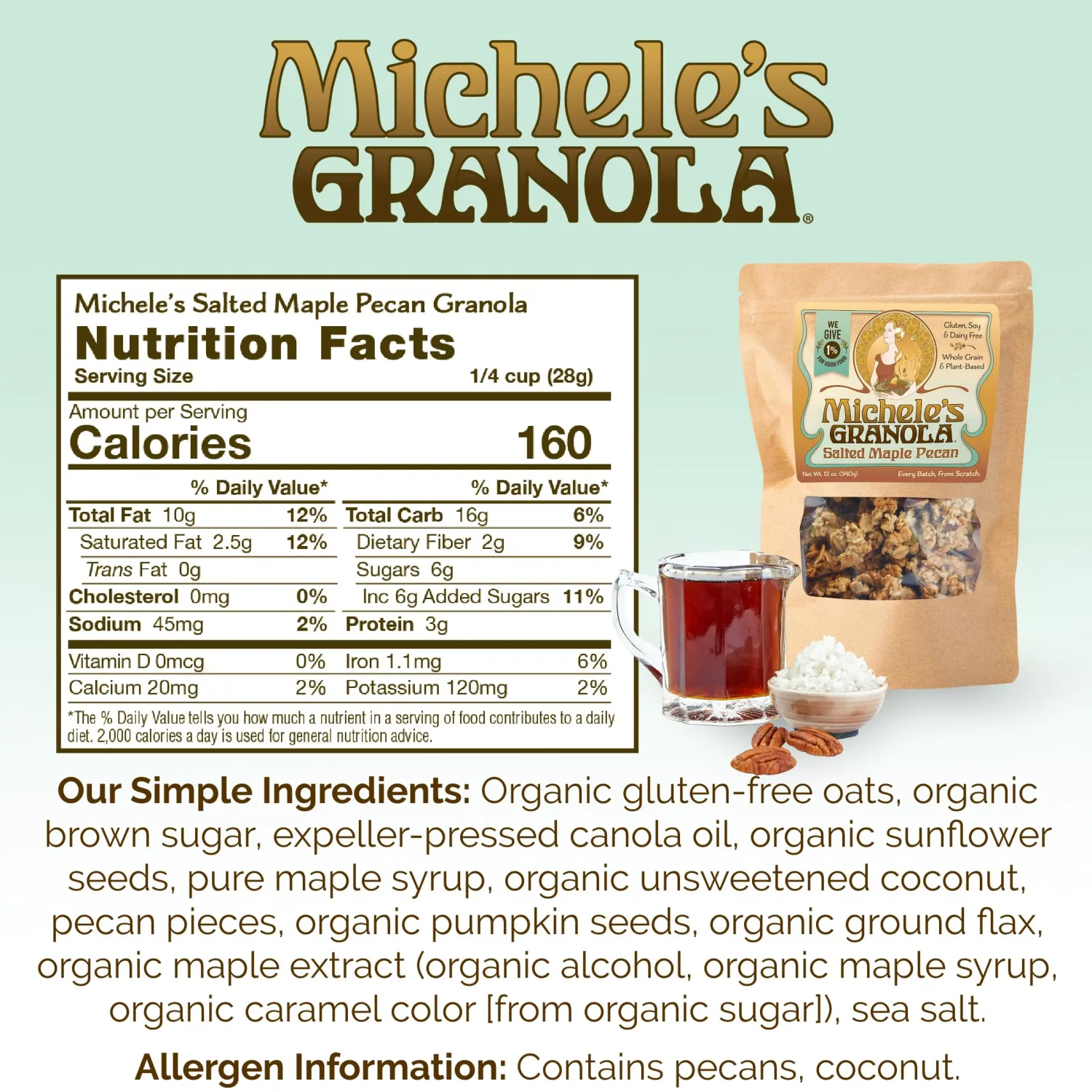 Michele's Granola - Salted Maple Pecan - Handmade Non-GMO Whole Grain Oats - Free of Gluten, Soy, Wheat, & Dairy