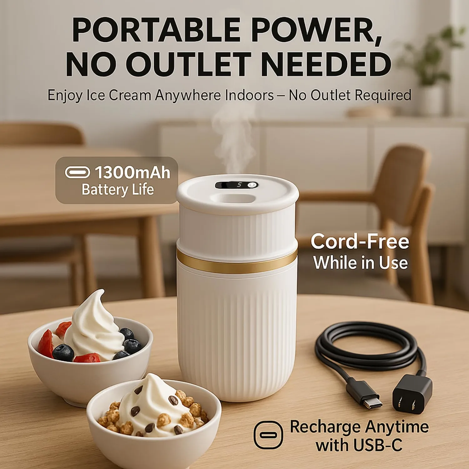 Rechargeable Small Electric Ice Cream Maker for 1–2 Servings, Frozen Yogurt, Sorbet & Gelato Maker Machine, Mini Homemade Dessert Ice Cream Maker Machine in 15-30 Minutes (White, 0.4 Quart)