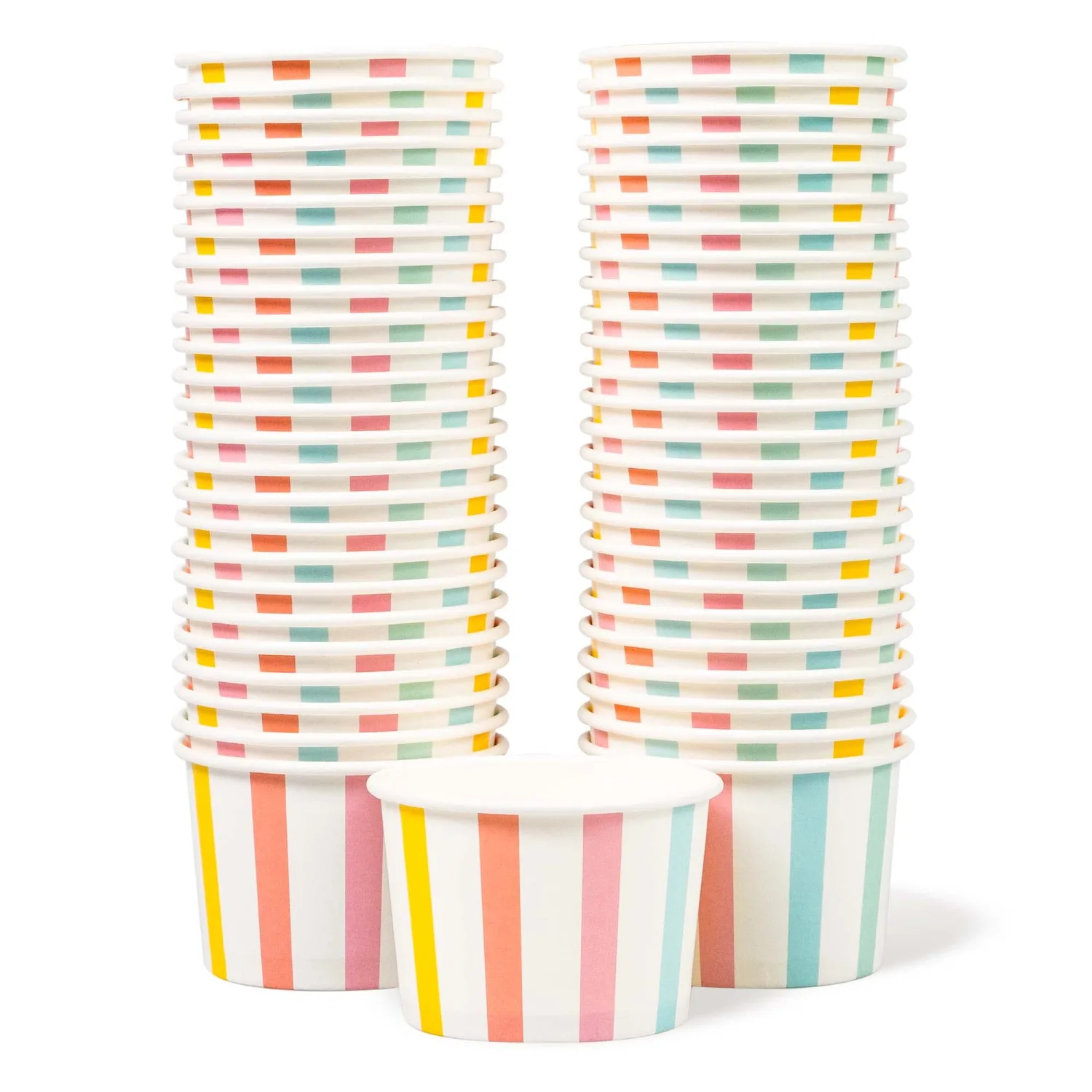 MATICAN Paper Ice Cream Cups - 50-Count 4-Oz Disposable Dessert Bowls for Hot or Cold Food, 4-Ounce Party Supplies Treat Cups for Sundae, Frozen Yogurt, Soup, Pastel Stripes