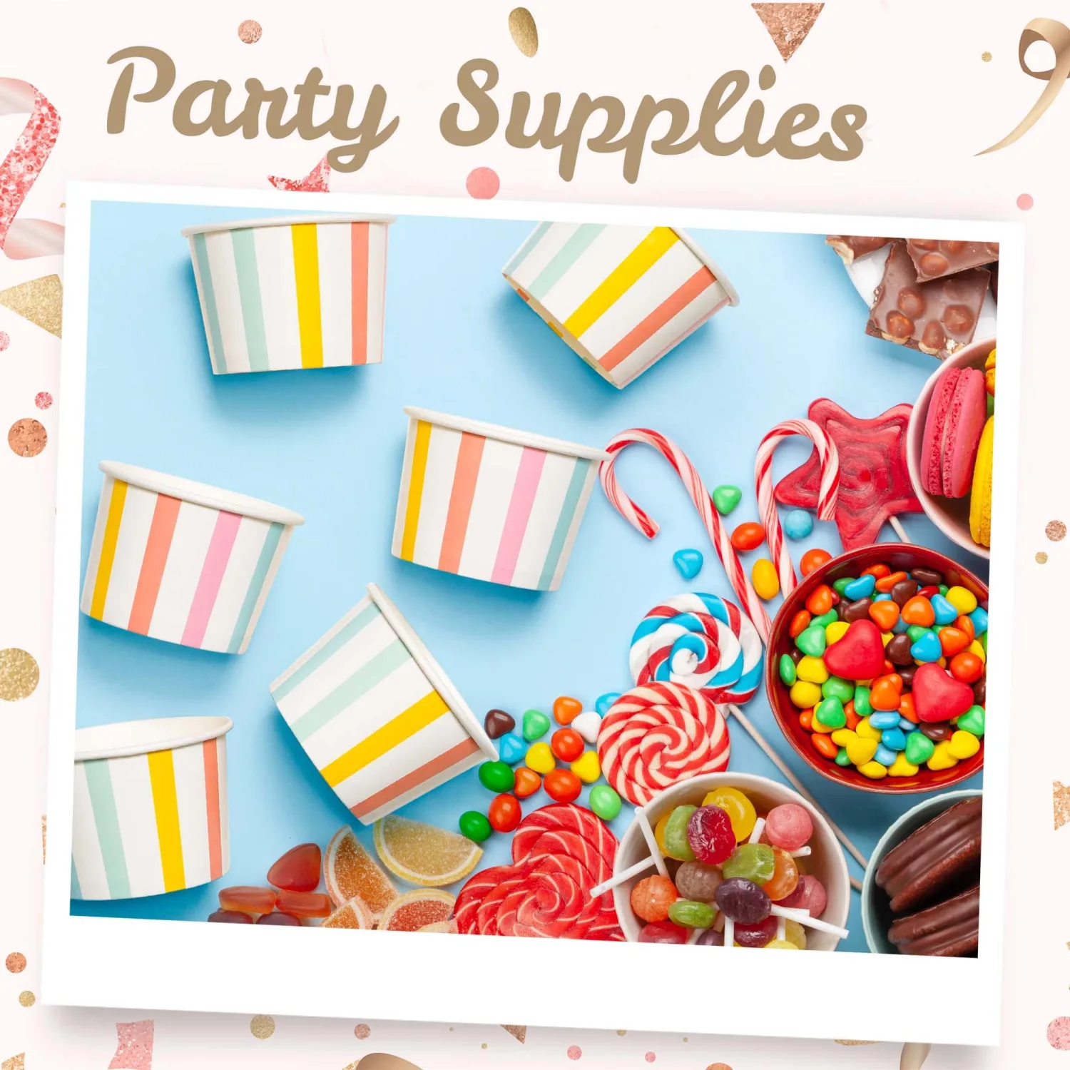 MATICAN Paper Ice Cream Cups - 50-Count 4-Oz Disposable Dessert Bowls for Hot or Cold Food, 4-Ounce Party Supplies Treat Cups for Sundae, Frozen Yogurt, Soup, Pastel Stripes