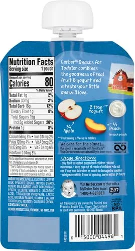 Gerber Baby Food Pouches, Toddler 12+ Months, Fruit & Yogurt Peaches & Cream, 3.5 Ounce