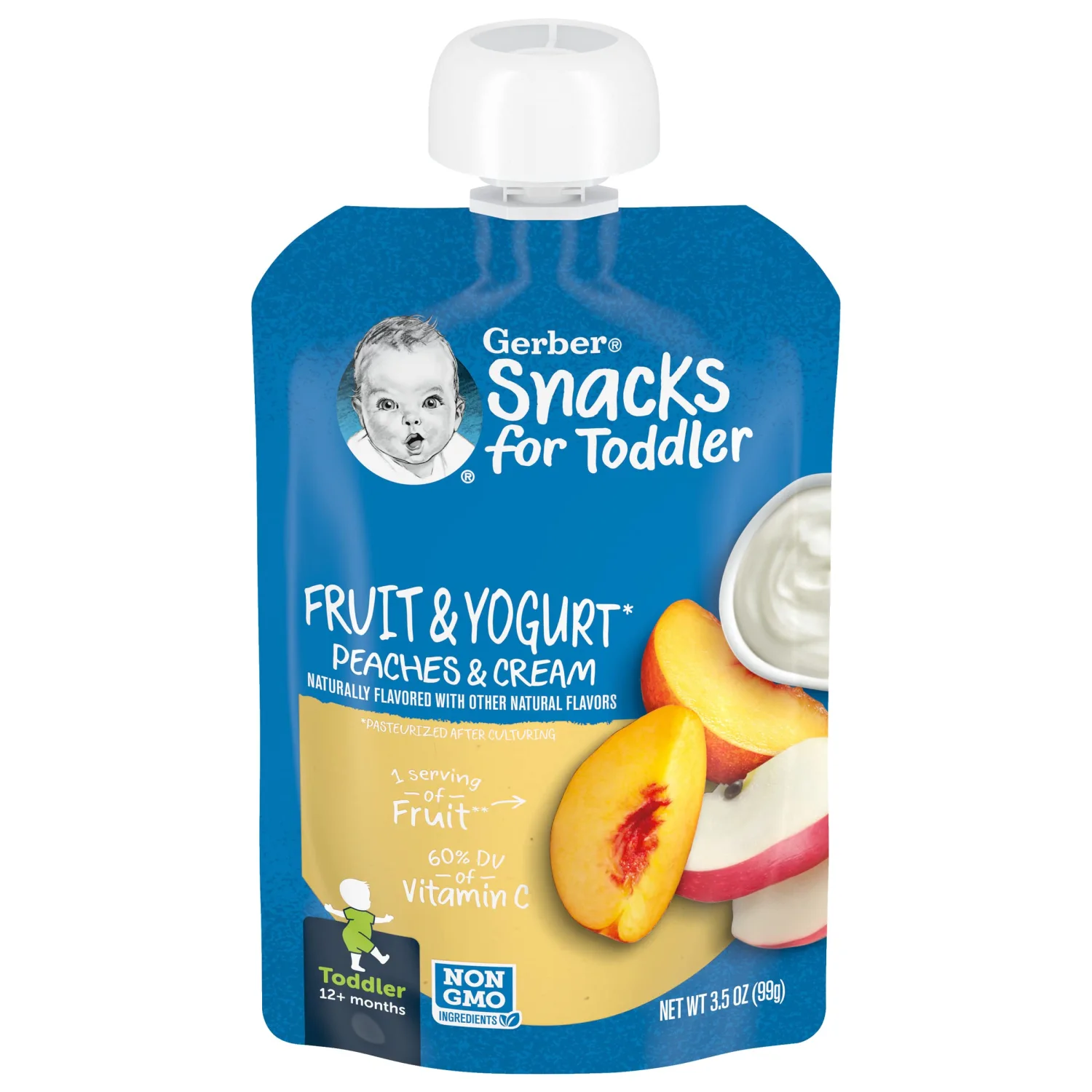Gerber Baby Food Pouches, Toddler 12+ Months, Fruit & Yogurt Peaches & Cream, 3.5 Ounce
