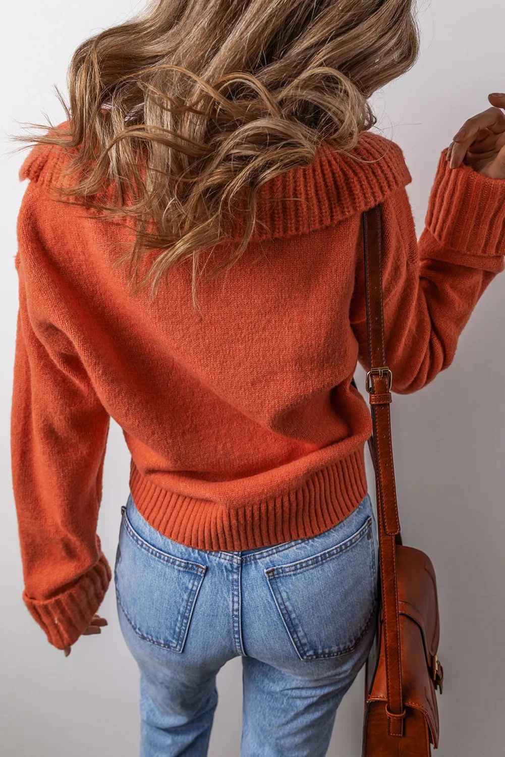 Flamingo Collared V Neck Ribbed Edge  Elegant Sweater