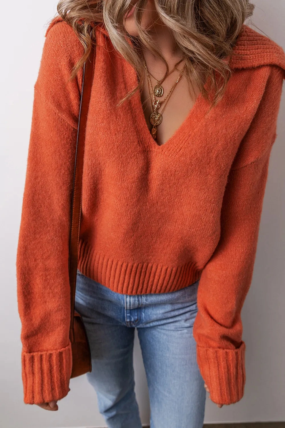 Flamingo Collared V Neck Ribbed Edge  Elegant Sweater