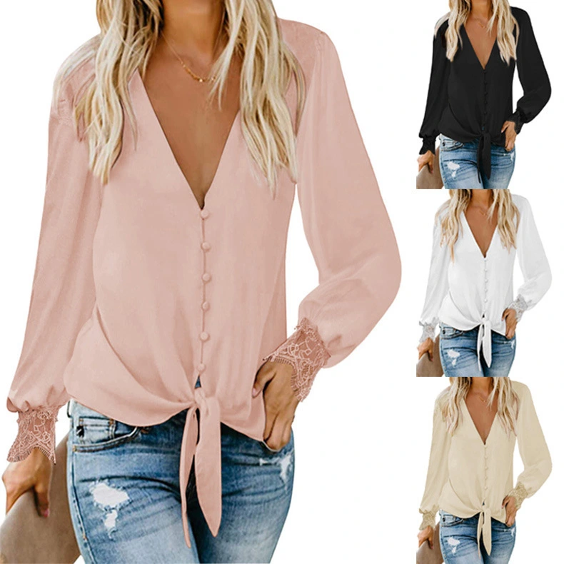V-neck Solid Color Hem Lace-up Loose Top