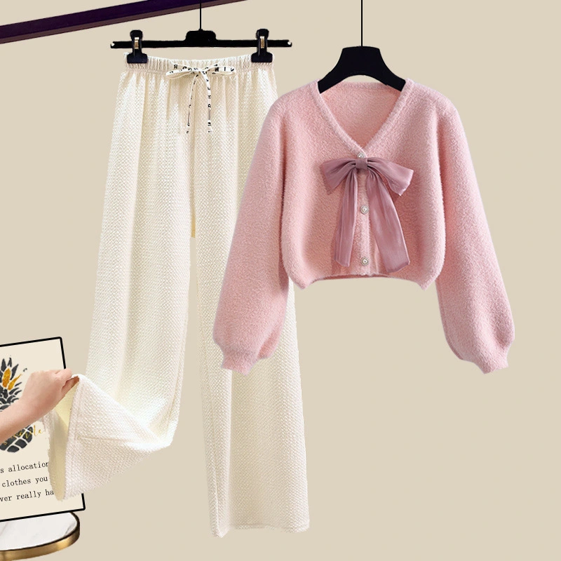 Soft Glutinous Bow Cardigan Sweater Wide-leg Casual Pants Two-piece Set