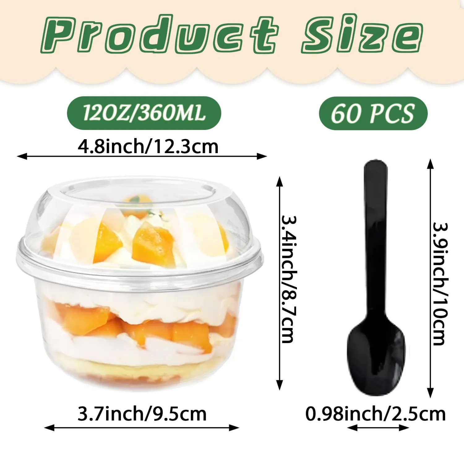 60Pcs Plastic Dessert Cups with Lid,12 oz Disposable Clear Parfait Cups,Snack Bowls for Parties,Weddings,Cupcake,Pudding,Ice Cream,Yogurt,Appetizers,Fruits,Mousse