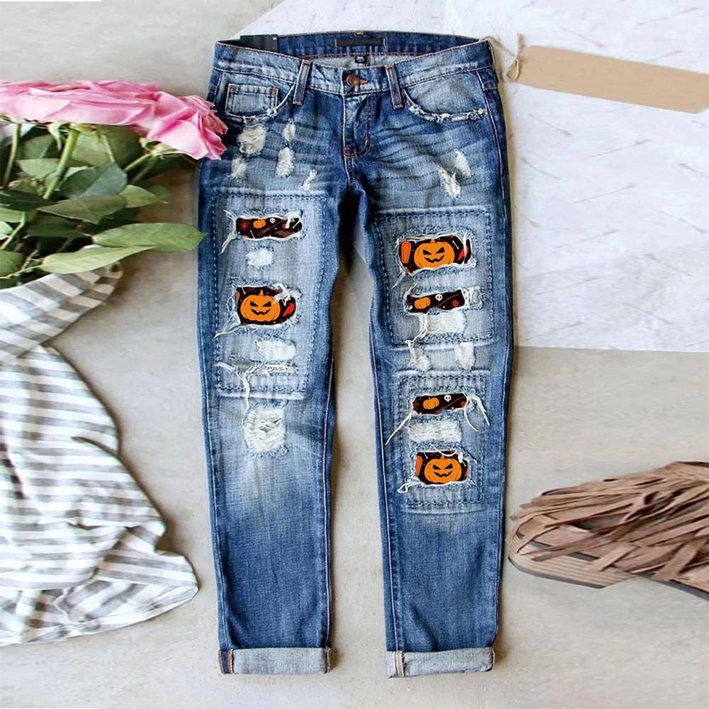 Women's Jeans Ripped Print Patch