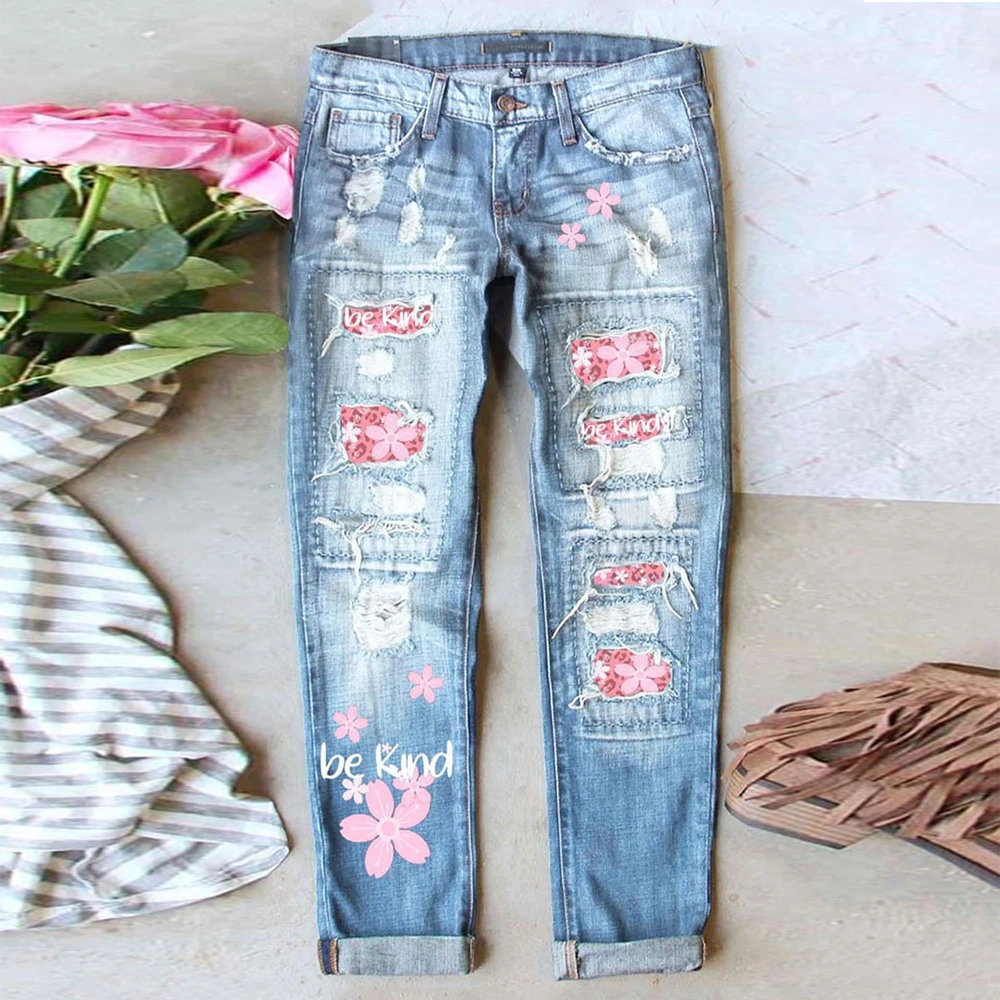 Women's Jeans Ripped Print Patch