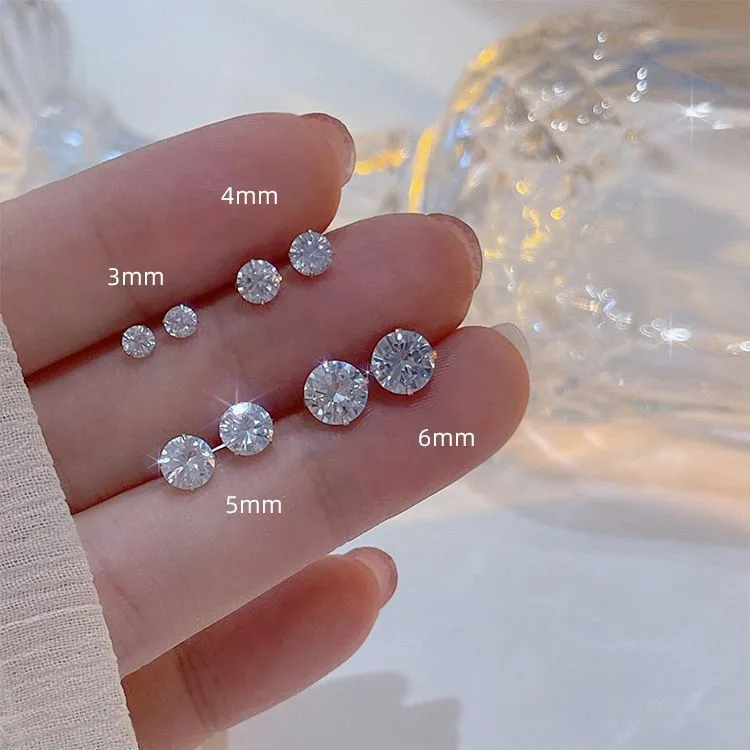 Round Silver Pin Zircon Ear Studs Earrings