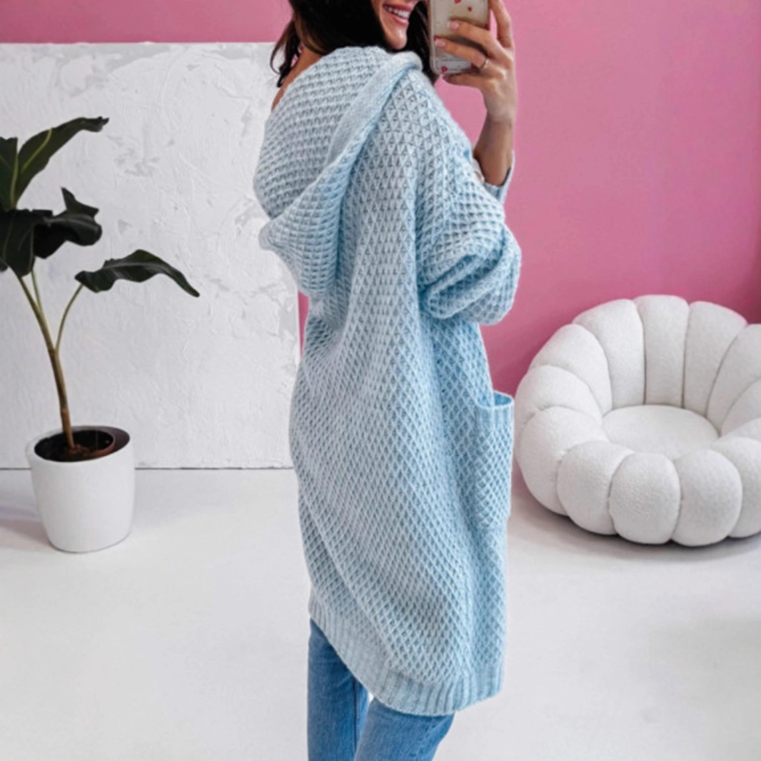 Loose Hooded Long Pocket Knitted Cardigan Jacket