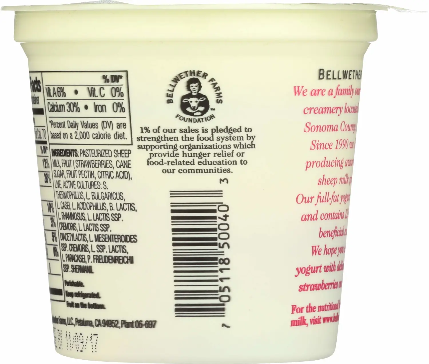 Bellwether Farms Strawberry Sheep Milk Yogurt, 6 Oz