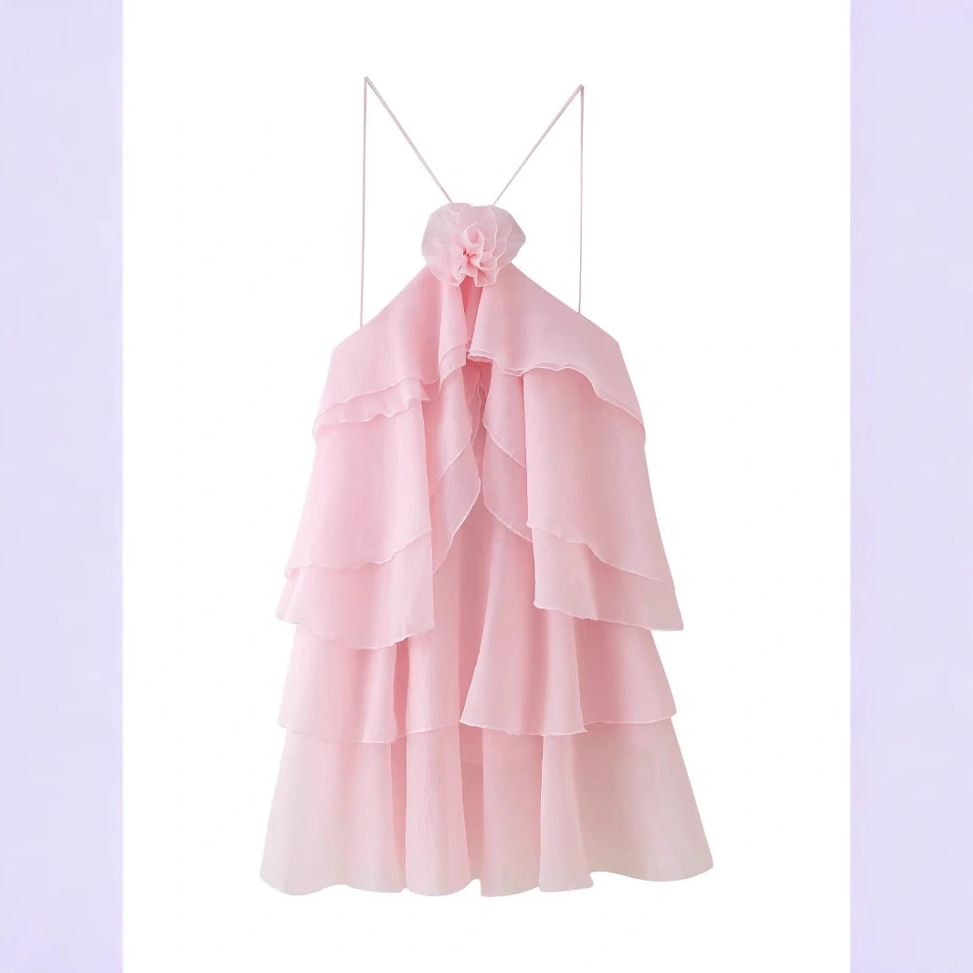 Fashion Three-dimensional Flower Decoration Laminated Ruffled Halter Dress