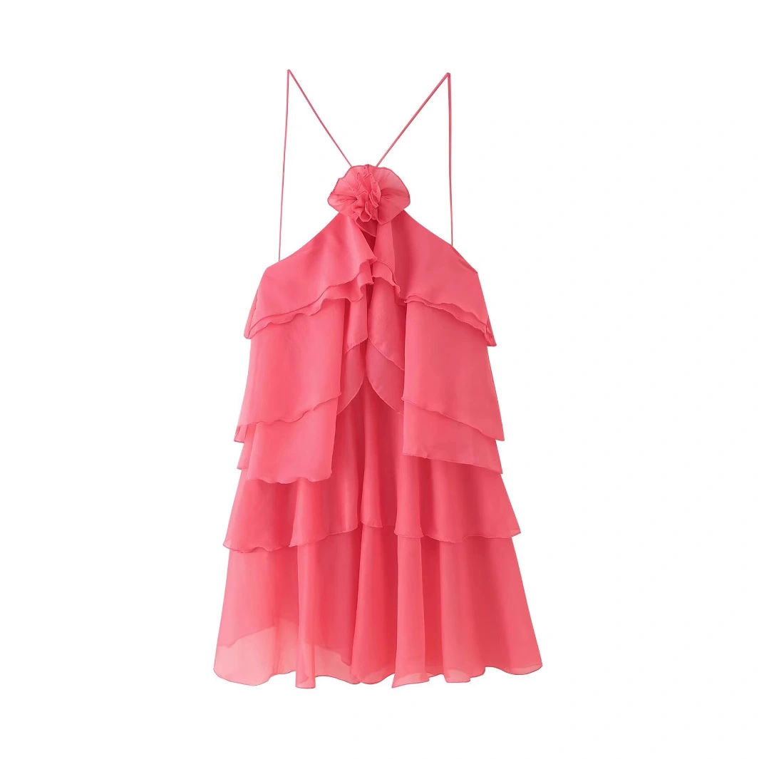 Fashion Three-dimensional Flower Decoration Laminated Ruffled Halter Dress