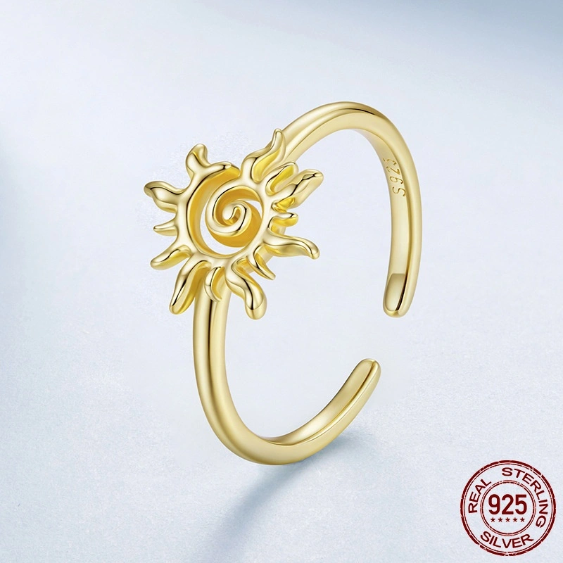 S925 Sterling Silver Plated 14K Gold Sun Open Ring