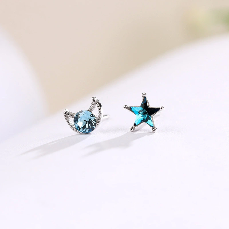 S925 Sterling Silver Star And Moon Ear Studs Simple Stylish Moon And The Stars