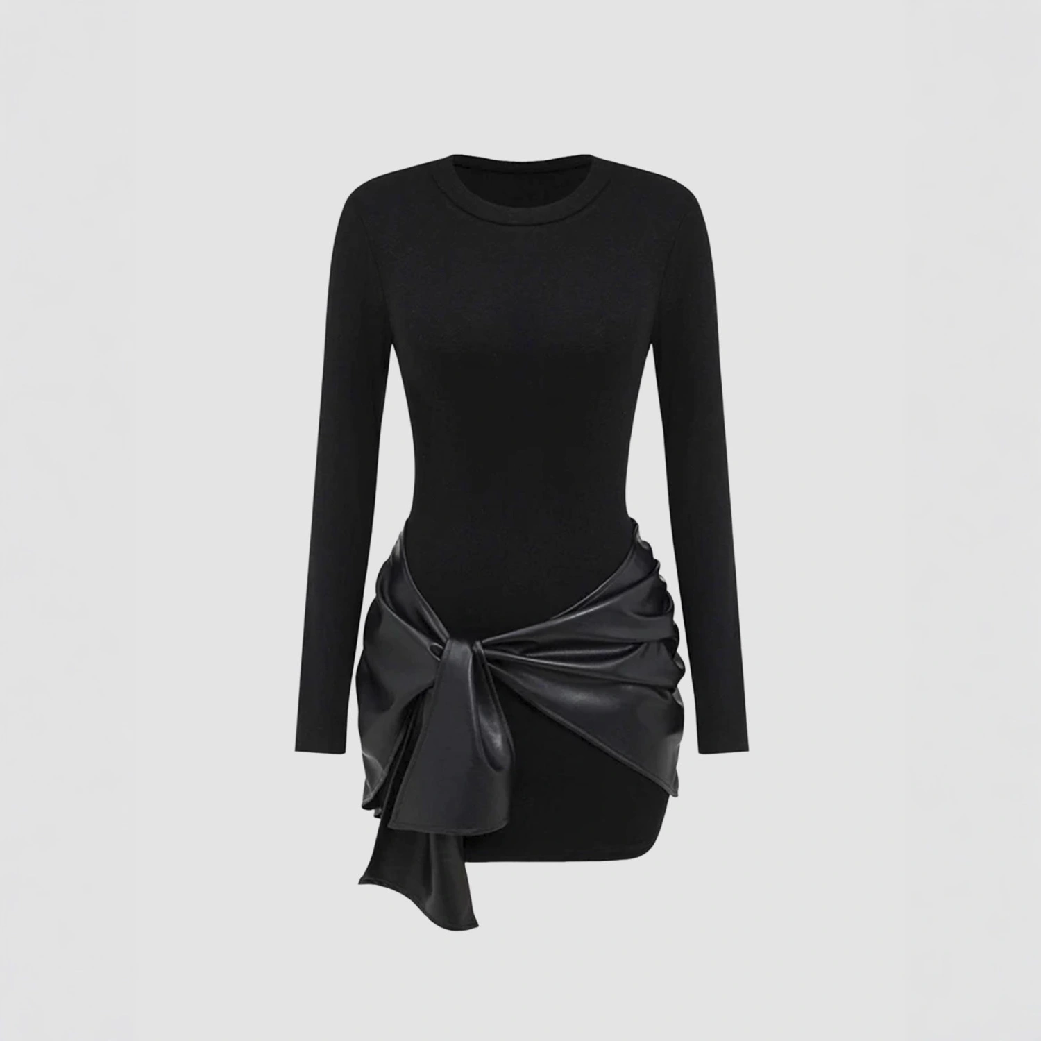 Solid Color PU Ribbon Elegant Slim Waist Sheath Dress