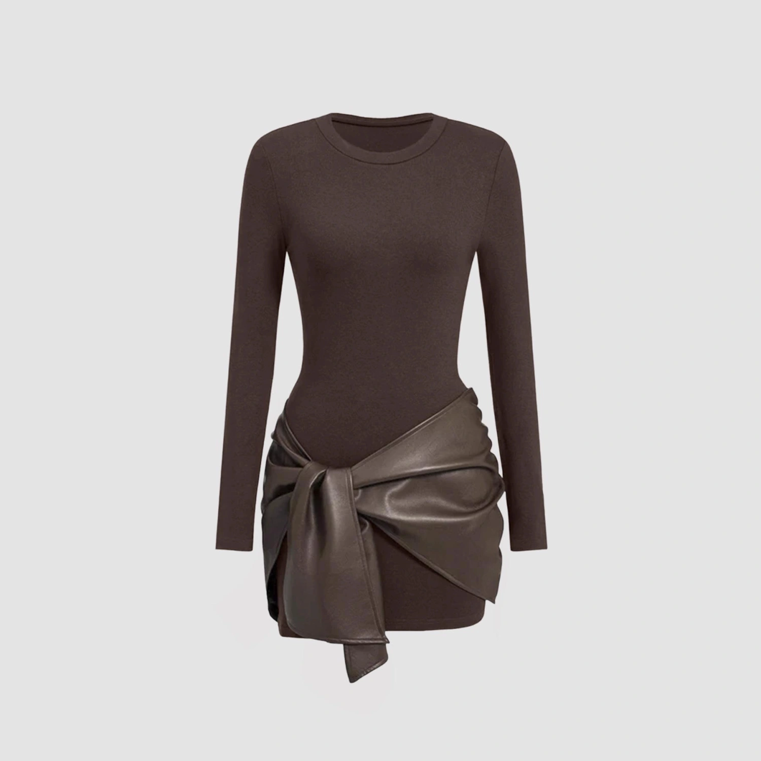 Solid Color PU Ribbon Elegant Slim Waist Sheath Dress