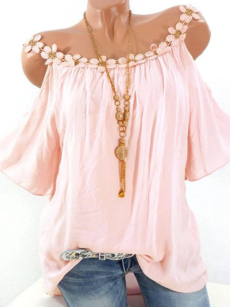 Women's Solid-color Lace Round-neck Off-the-shoulder T-shirt