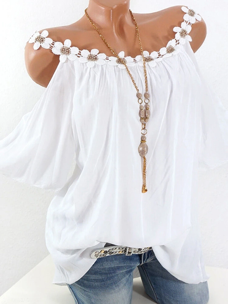 Women's Solid-color Lace Round-neck Off-the-shoulder T-shirt