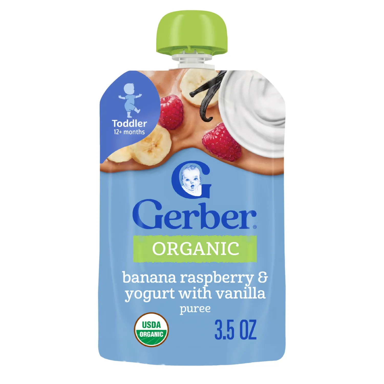 Gerber Purees Organic Banana Raspberry Yogurt Vanilla Toddler Baby Food Pouches, 3.5 oz