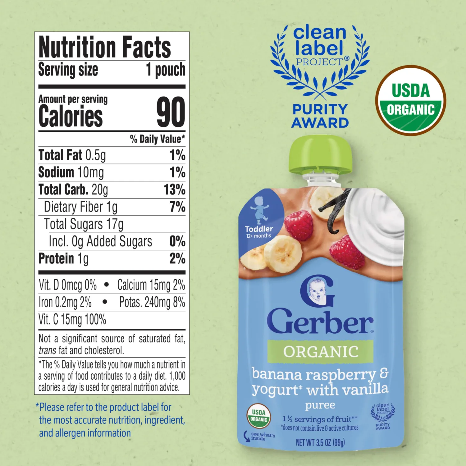 Gerber Purees Organic Banana Raspberry Yogurt Vanilla Toddler Baby Food Pouches, 3.5 oz