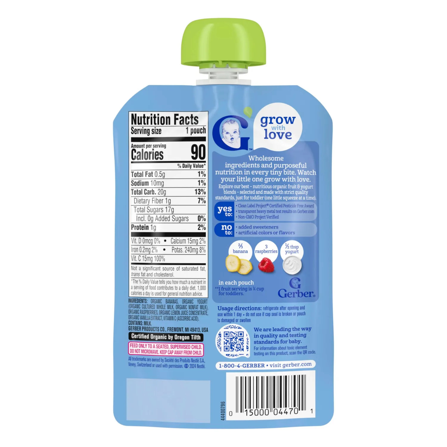 Gerber Purees Organic Banana Raspberry Yogurt Vanilla Toddler Baby Food Pouches, 3.5 oz