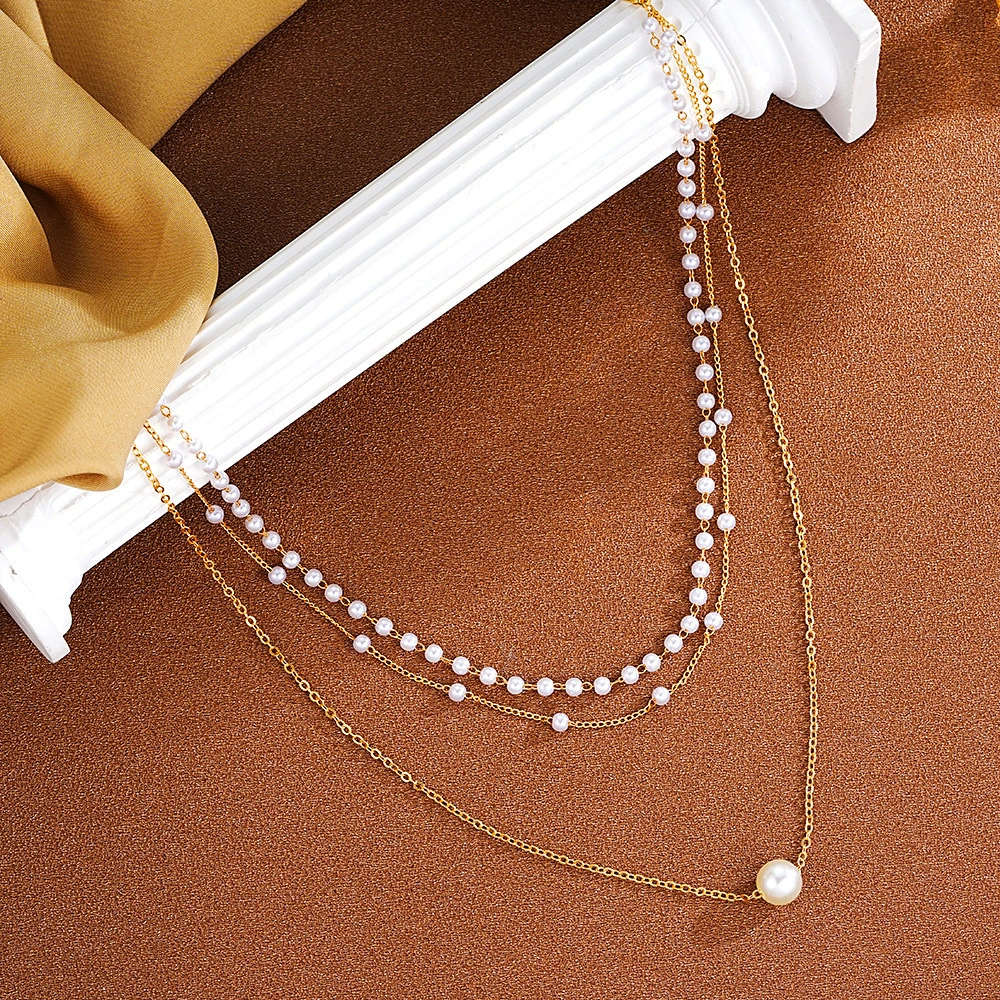 Pearl Chain Pendant Three-layer Necklace For Women Twin All-matching