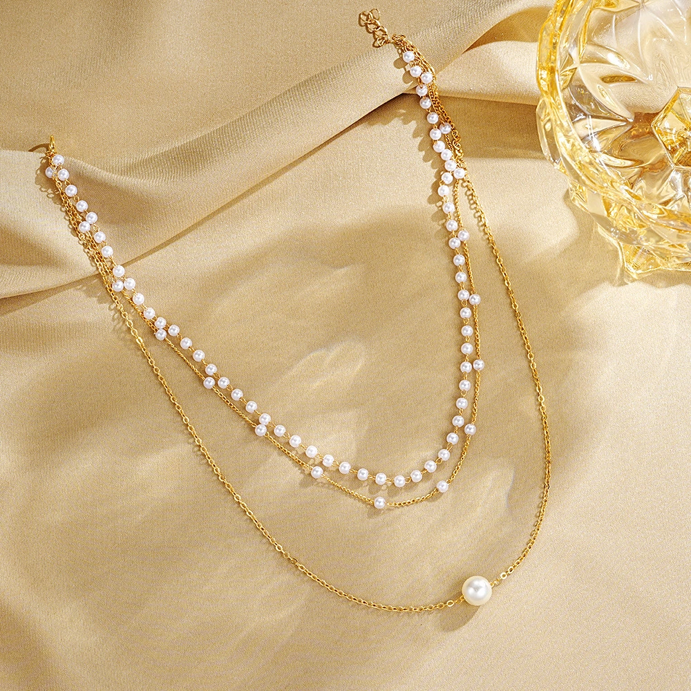 Pearl Chain Pendant Three-layer Necklace For Women Twin All-matching