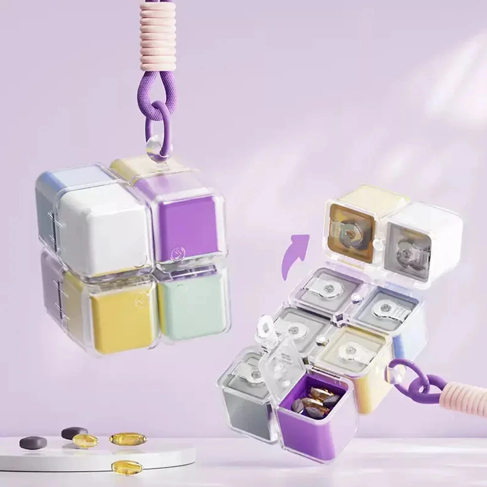 Magic Cube 8-Grid Medicine Storage Box Sealed Moistureproof Travel Essential With Hanging Rope Creative Storage Solution
