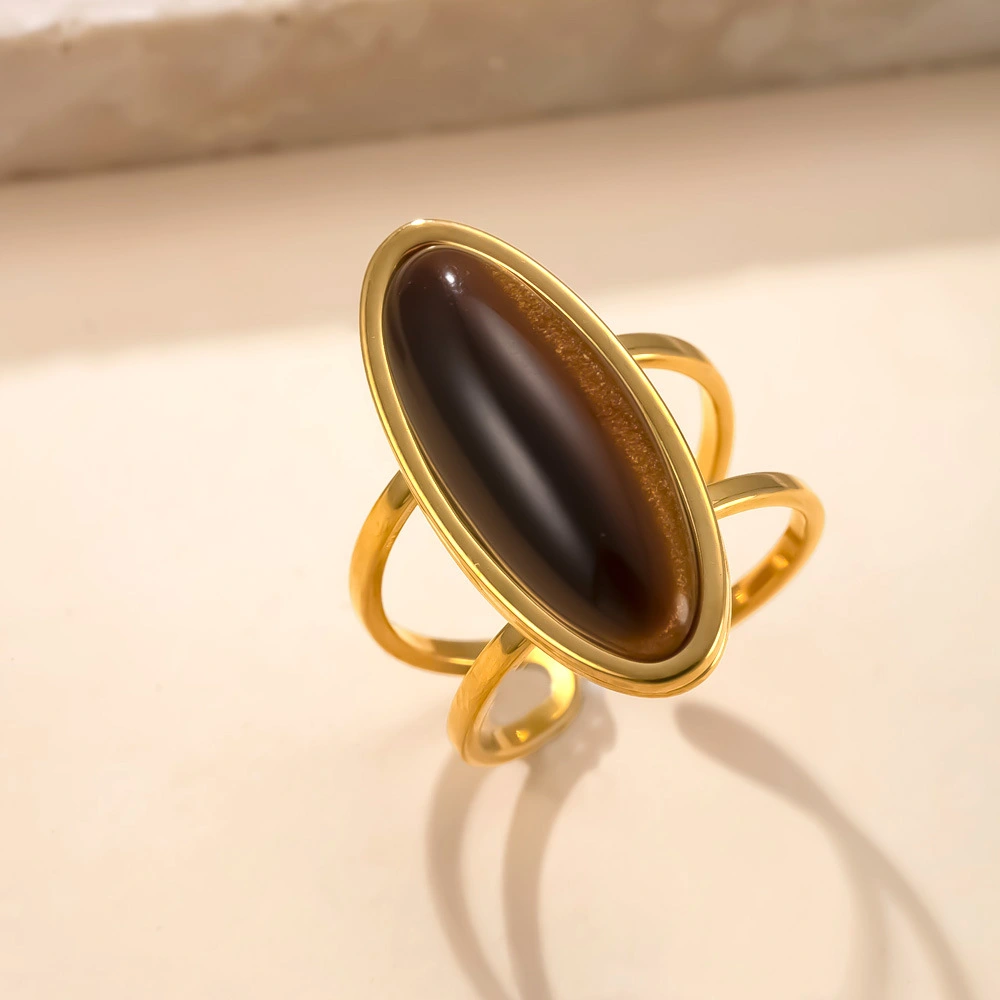 Hydraulic Oval Natural Stone Stainless Steel Ring Simple