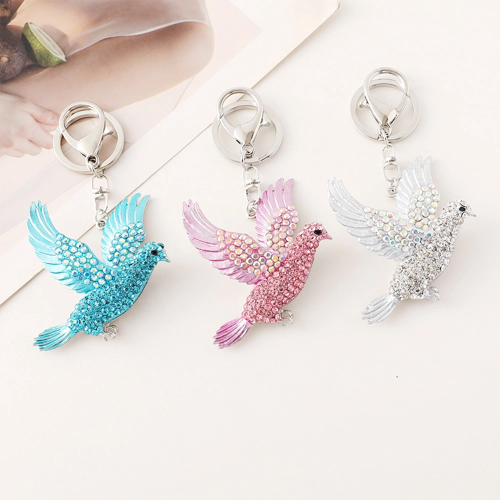 Diamond Studded Bird Car Keychain And Flat Dove Metal