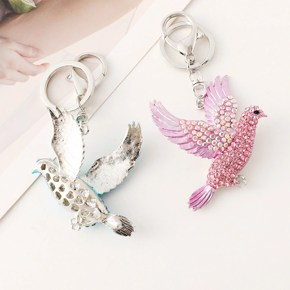 Diamond Studded Bird Car Keychain And Flat Dove Metal