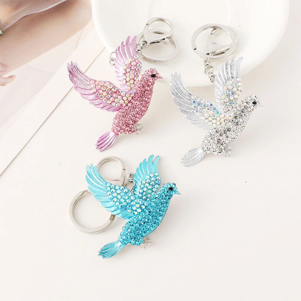 Diamond Studded Bird Car Keychain And Flat Dove Metal