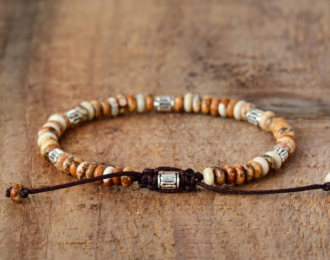 Men's Natural Gray Agate Drawing Stone Turquoise Punk Bracelet