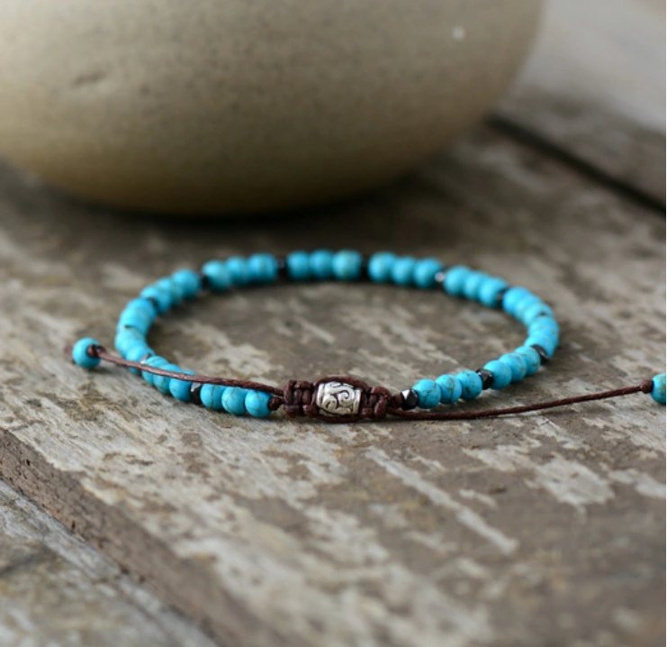 Men's Natural Gray Agate Drawing Stone Turquoise Punk Bracelet